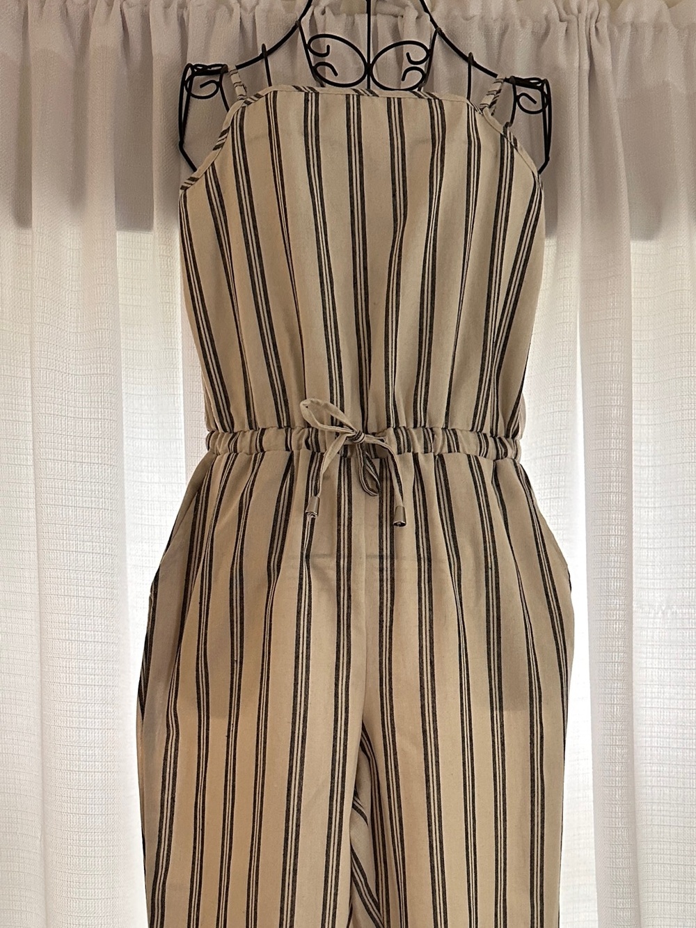 Ci Sono Striped Beige and Black Drawstring Jumpsuit